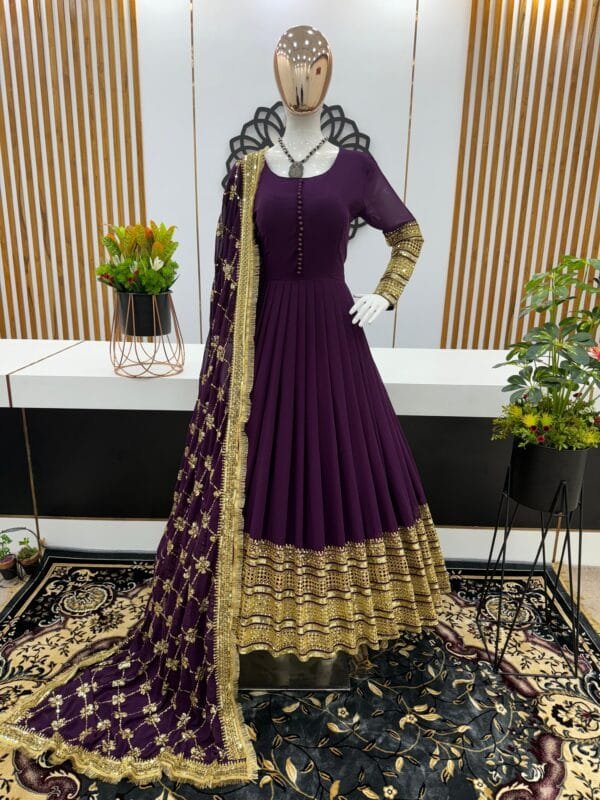 Faux Georgette Gown with 3-Meter Flair, Heavy Embroidery, and Sequin Work | Purple