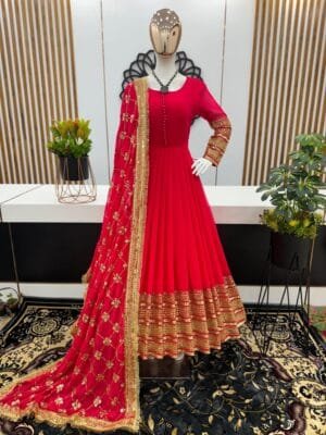 Faux Georgette Gown with 3-Meter Flair, Heavy Embroidery, and Sequin Work | Red
