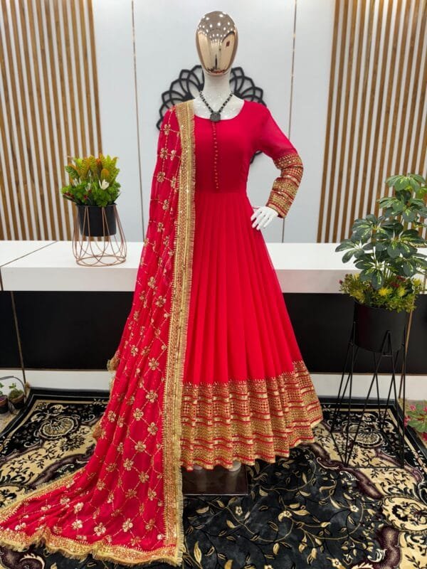 Faux Georgette Gown with 3-Meter Flair, Heavy Embroidery, and Sequin Work | Red