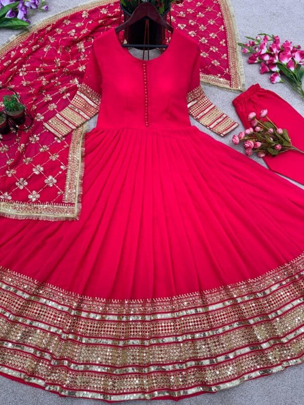 Faux Georgette Gown with 3-Meter Flair, Heavy Embroidery, and Sequin Work | Red - Image 2