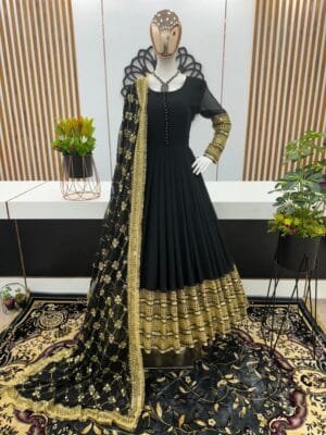 Faux Georgette Gown with 3-Meter Flair, Heavy Embroidery, and Sequin Work | Green