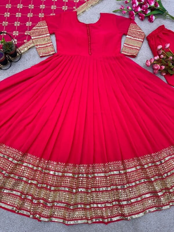 Faux Georgette Gown with 3-Meter Flair, Heavy Embroidery, and Sequin Work | Red - Image 3