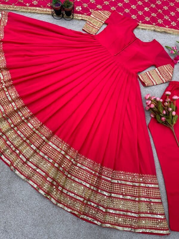 Faux Georgette Gown with 3-Meter Flair, Heavy Embroidery, and Sequin Work | Red - Image 4