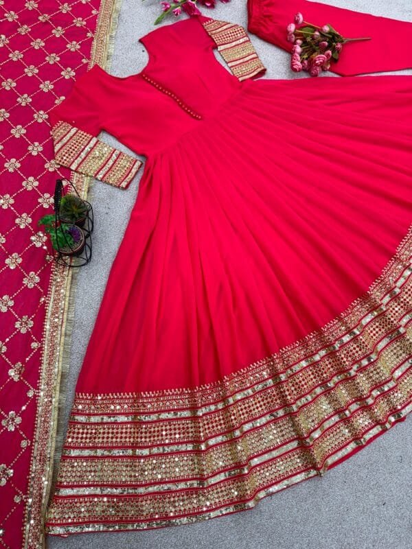 Faux Georgette Gown with 3-Meter Flair, Heavy Embroidery, and Sequin Work | Red - Image 5