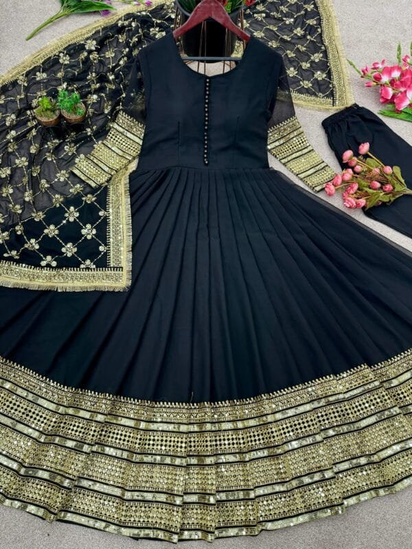 Faux Georgette Gown with 3-Meter Flair, Heavy Embroidery, and Sequin Work | Green - Image 2