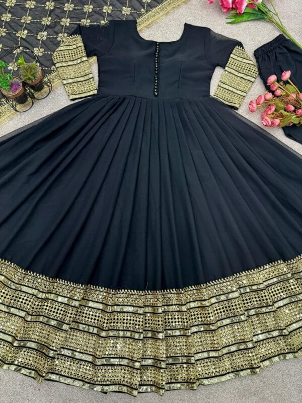 Faux Georgette Gown with 3-Meter Flair, Heavy Embroidery, and Sequin Work | Green - Image 3