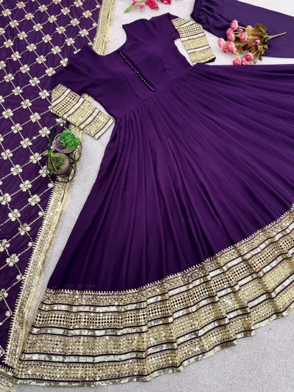 Faux Georgette Gown with 3-Meter Flair, Heavy Embroidery, and Sequin Work | Purple - Image 4