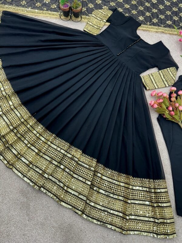 Faux Georgette Gown with 3-Meter Flair, Heavy Embroidery, and Sequin Work | Green - Image 4