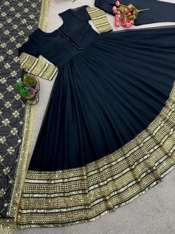 Faux Georgette Gown with 3-Meter Flair, Heavy Embroidery, and Sequin Work | Green - Image 5