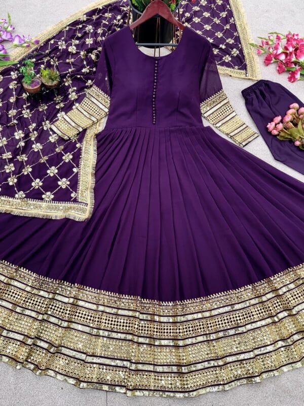 Faux Georgette Gown with 3-Meter Flair, Heavy Embroidery, and Sequin Work | Purple - Image 2
