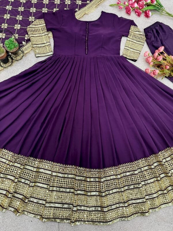 Faux Georgette Gown with 3-Meter Flair, Heavy Embroidery, and Sequin Work | Purple - Image 3