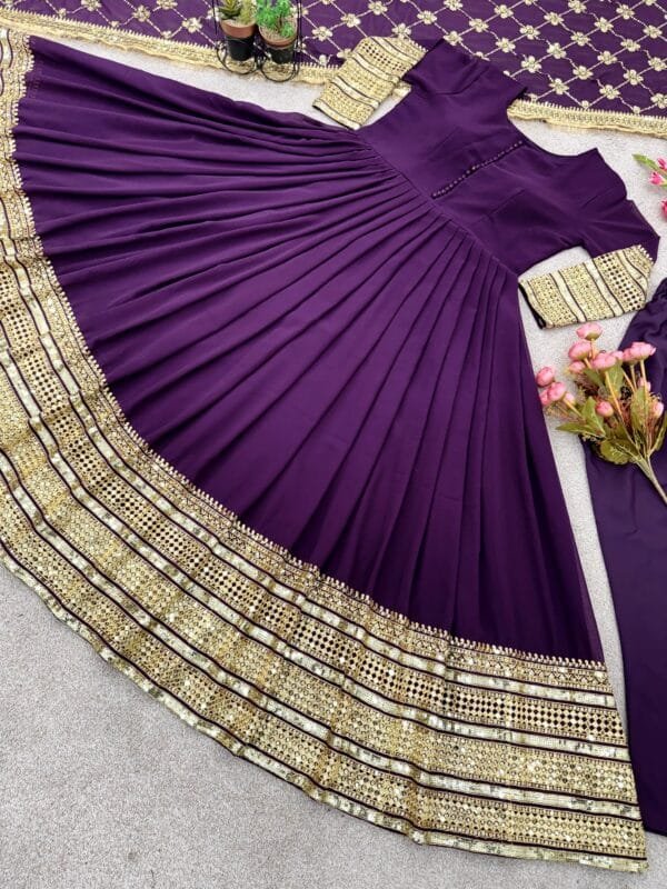 Faux Georgette Gown with 3-Meter Flair, Heavy Embroidery, and Sequin Work | Purple - Image 5