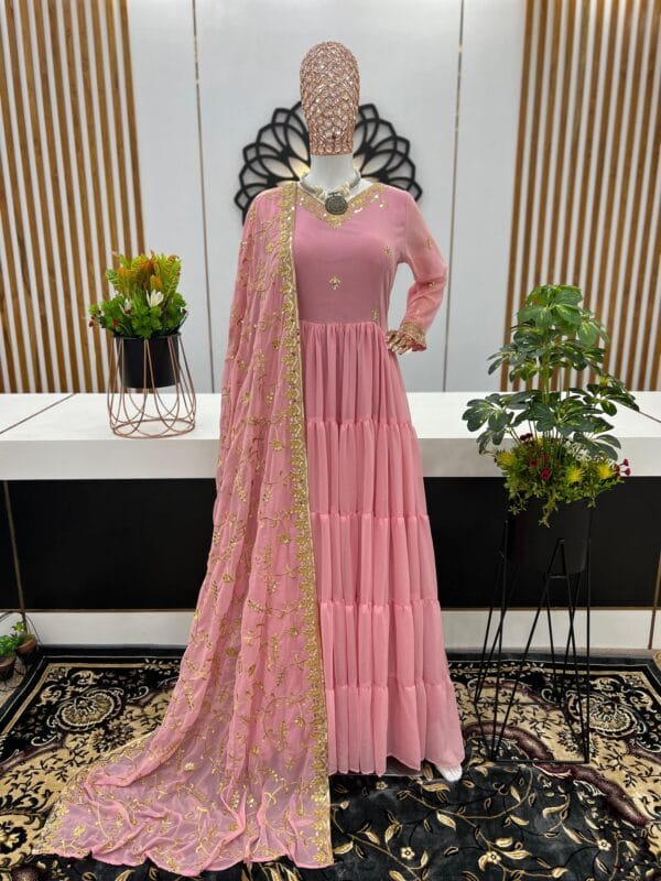 Anarkali Faux Georgette Gown with 10-Meter Flair, Fully Stitched and Paired with Elegant Dupatta | Pink
