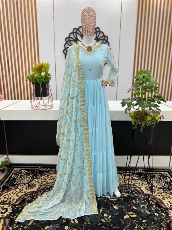 Anarkali Faux Georgette Gown with 10-Meter Flair, Fully Stitched and Paired with Elegant Dupatta | Blue