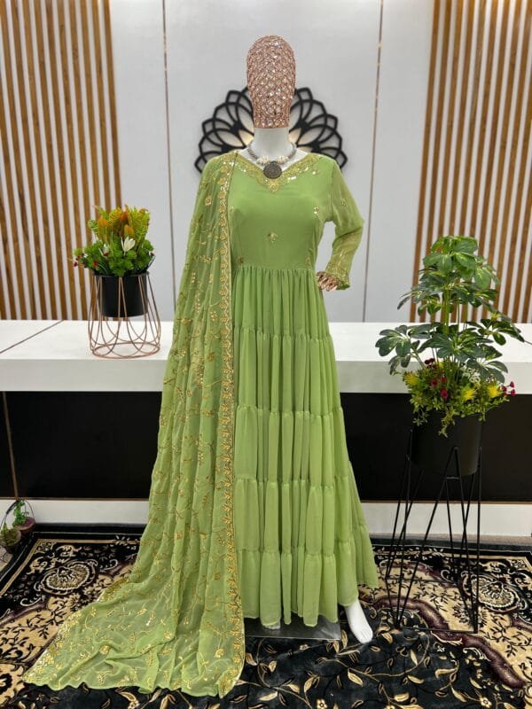 Anarkali Faux Georgette Gown with 10-Meter Flair, Fully Stitched and Paired with Elegant Dupatta | Green