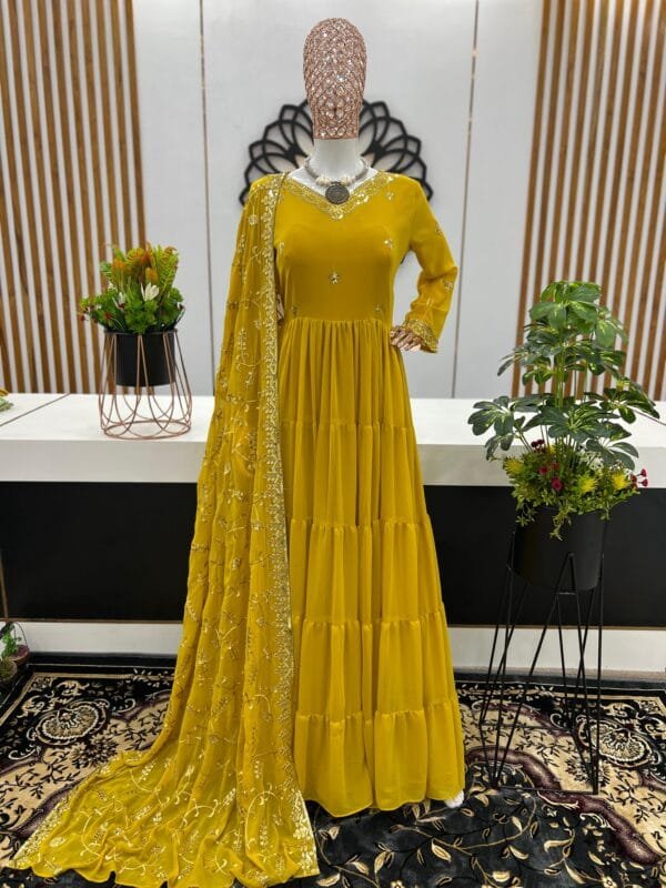 Anarkali Faux Georgette Gown with 10-Meter Flair, Fully Stitched and Paired with Elegant Dupatta | Mustard