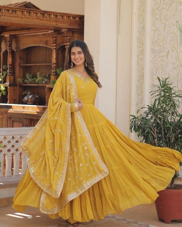 Anarkali Faux Georgette Gown with 10-Meter Flair, Fully Stitched and Paired with Elegant Dupatta | Mustard - Image 2