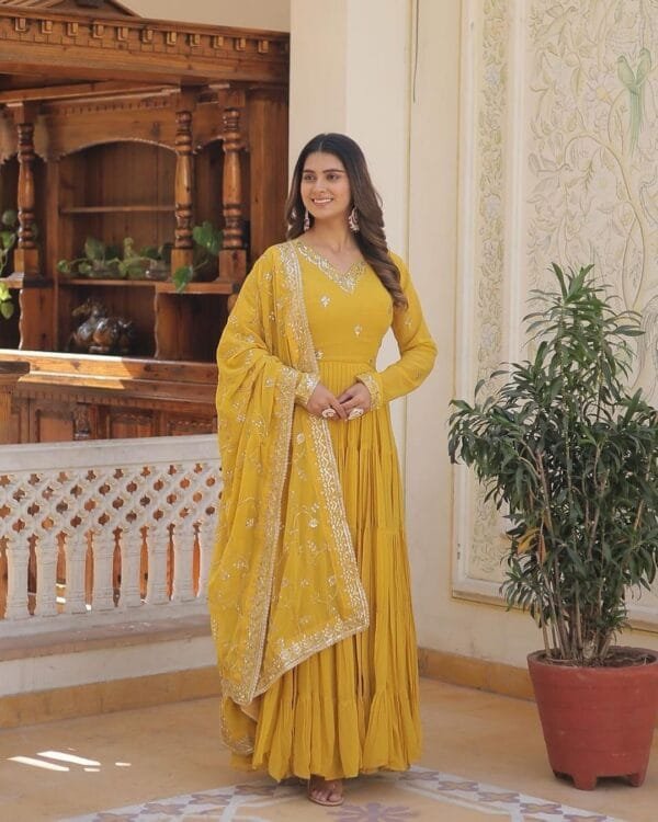 Anarkali Faux Georgette Gown with 10-Meter Flair, Fully Stitched and Paired with Elegant Dupatta | Mustard - Image 3