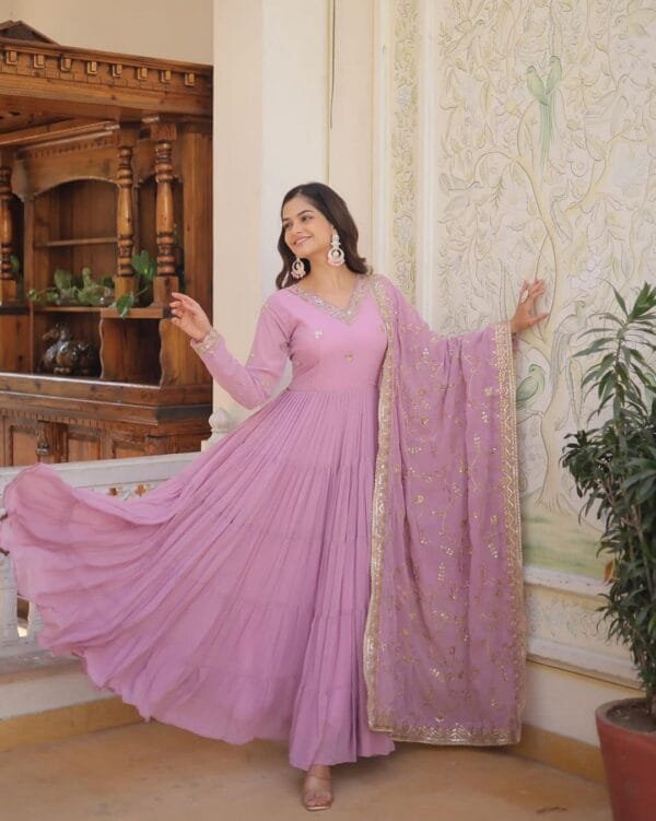 Anarkali Faux Georgette Gown with 10-Meter Flair, Fully Stitched and Paired with Elegant Dupatta | Pink - Image 2