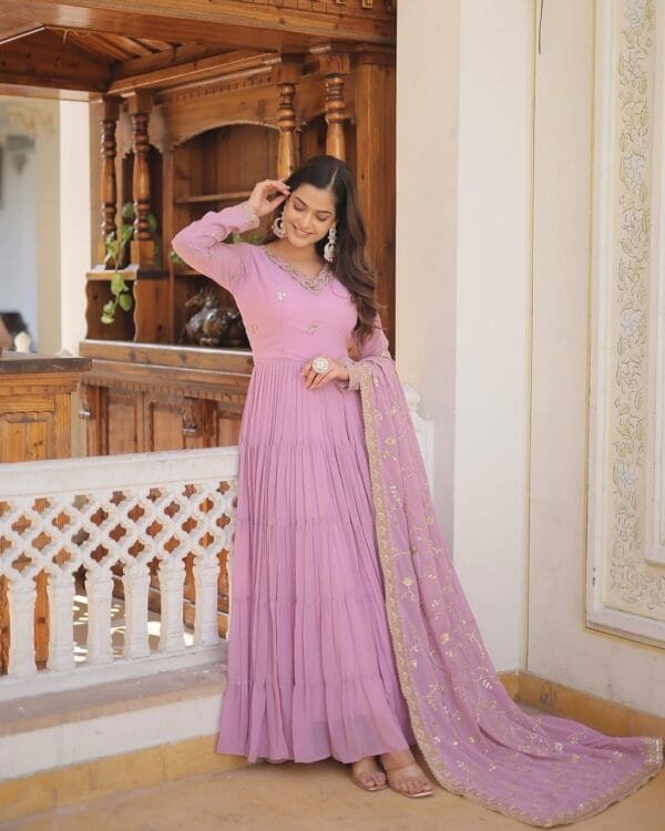 Anarkali Faux Georgette Gown with 10-Meter Flair, Fully Stitched and Paired with Elegant Dupatta | Pink - Image 3