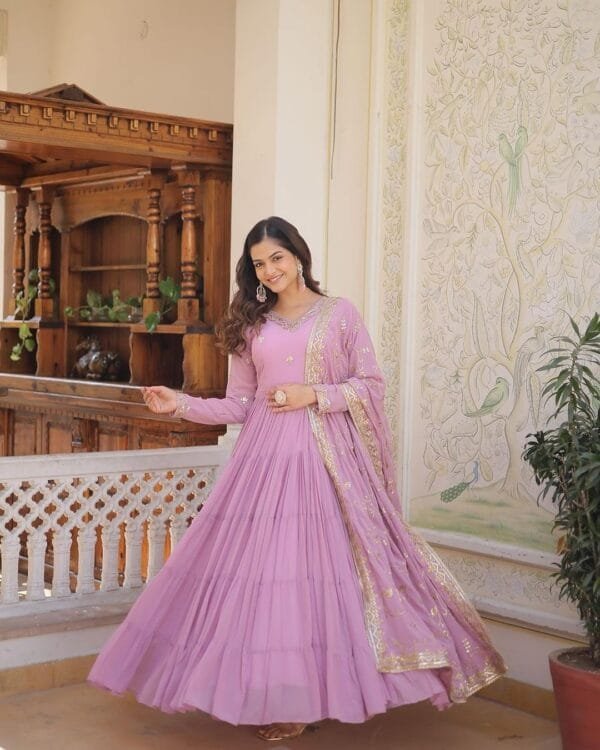 Anarkali Faux Georgette Gown with 10-Meter Flair, Fully Stitched and Paired with Elegant Dupatta | Pink - Image 4