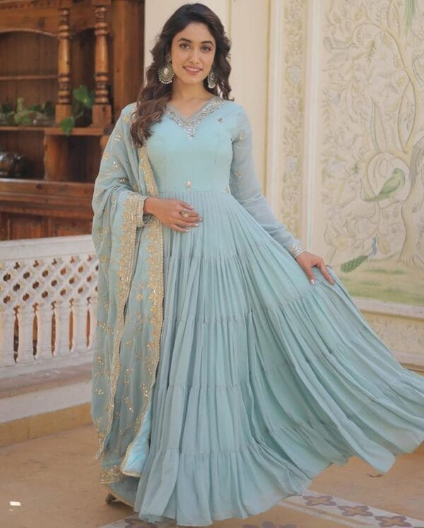 Anarkali Faux Georgette Gown with 10-Meter Flair, Fully Stitched and Paired with Elegant Dupatta | Blue - Image 3