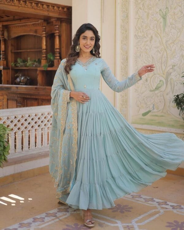 Anarkali Faux Georgette Gown with 10-Meter Flair, Fully Stitched and Paired with Elegant Dupatta | Blue - Image 2