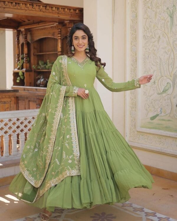 Anarkali Faux Georgette Gown with 10-Meter Flair, Fully Stitched and Paired with Elegant Dupatta | Green - Image 3