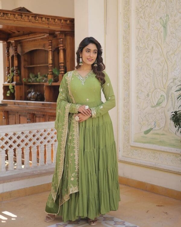 Anarkali Faux Georgette Gown with 10-Meter Flair, Fully Stitched and Paired with Elegant Dupatta | Green - Image 2