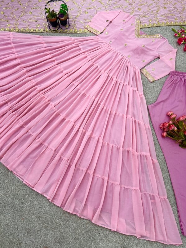 Anarkali Faux Georgette Gown with 10-Meter Flair, Fully Stitched and Paired with Elegant Dupatta | Pink - Image 5