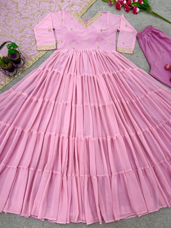 Anarkali Faux Georgette Gown with 10-Meter Flair, Fully Stitched and Paired with Elegant Dupatta | Pink - Image 6