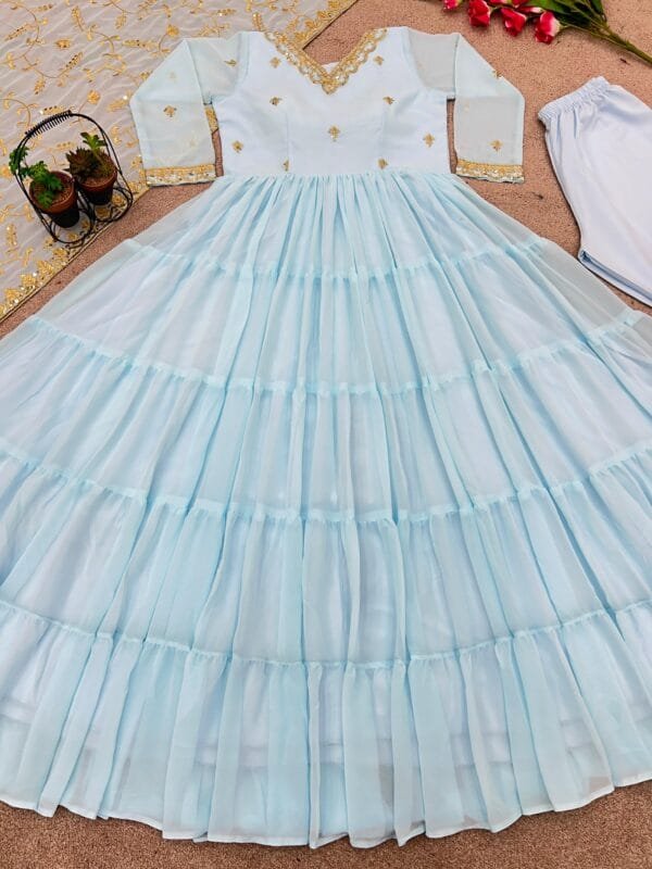 Anarkali Faux Georgette Gown with 10-Meter Flair, Fully Stitched and Paired with Elegant Dupatta | Blue - Image 4
