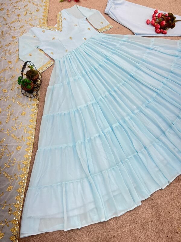 Anarkali Faux Georgette Gown with 10-Meter Flair, Fully Stitched and Paired with Elegant Dupatta | Blue - Image 5