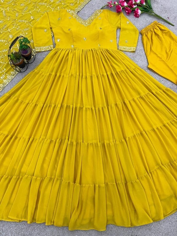 Anarkali Faux Georgette Gown with 10-Meter Flair, Fully Stitched and Paired with Elegant Dupatta | Mustard - Image 4