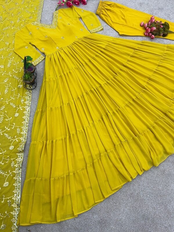 Anarkali Faux Georgette Gown with 10-Meter Flair, Fully Stitched and Paired with Elegant Dupatta | Mustard - Image 5