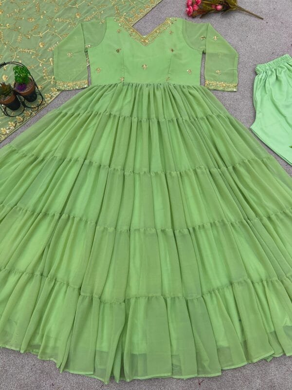 Anarkali Faux Georgette Gown with 10-Meter Flair, Fully Stitched and Paired with Elegant Dupatta | Green - Image 4
