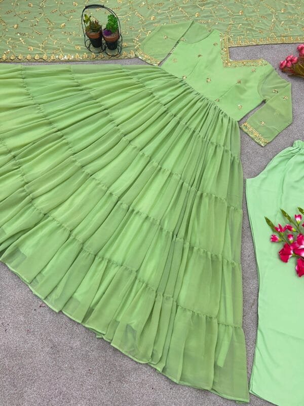 Anarkali Faux Georgette Gown with 10-Meter Flair, Fully Stitched and Paired with Elegant Dupatta | Green - Image 5