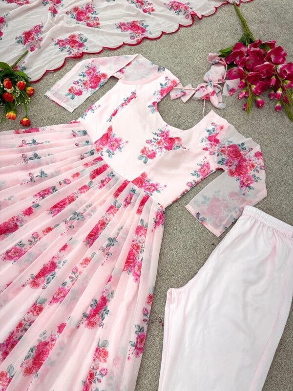 Anarkali Faux Georgette Gown with Print Work, Stitched Bottom, and Dupatta Set | Pink - Image 5