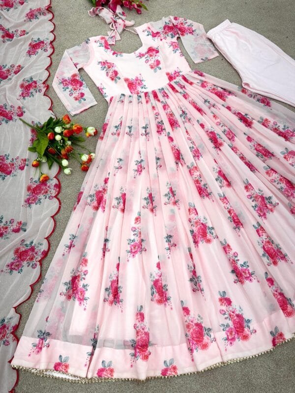 Anarkali Faux Georgette Gown with Print Work, Stitched Bottom, and Dupatta Set | Pink - Image 2