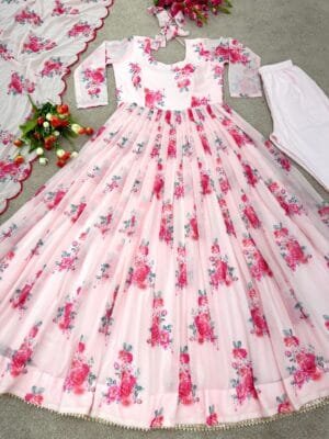 Anarkali Faux Georgette Gown with Print Work, Stitched Bottom, and Dupatta Set | Pink
