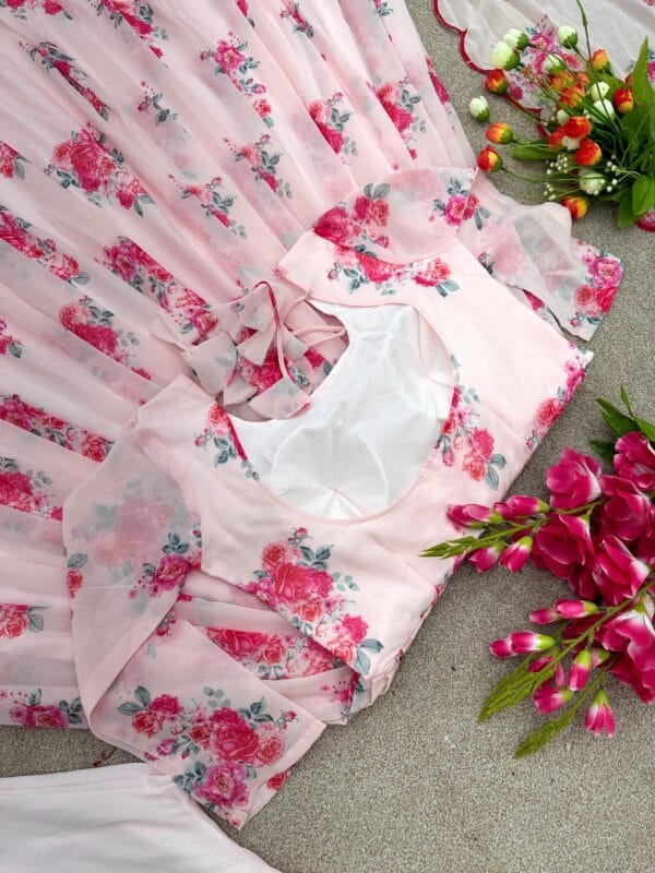 Anarkali Faux Georgette Gown with Print Work, Stitched Bottom, and Dupatta Set | Pink - Image 6