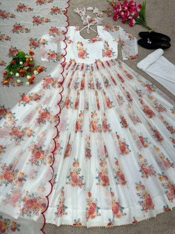 Anarkali Faux Georgette Gown with Print Work, Stitched Bottom, and Dupatta Set | White