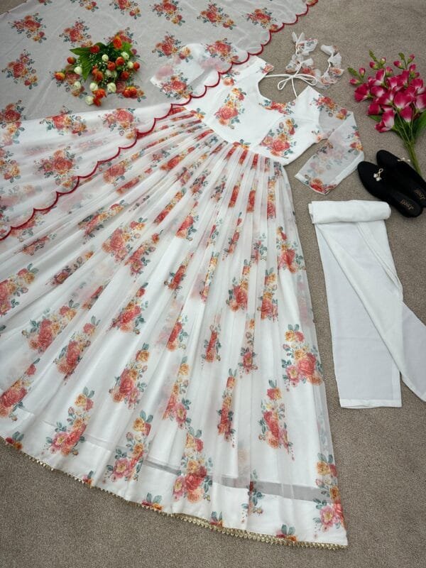 Anarkali Faux Georgette Gown with Print Work, Stitched Bottom, and Dupatta Set | White - Image 2