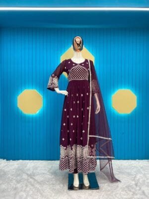 Stylist Long Suit with Heavy Cotton Thread Work, Bottom, and Dupatta Set | Purple