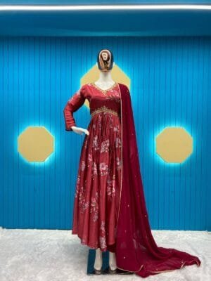 Alia Cut Chinon Suit with Sequin Embroidery & Palazzo | Red