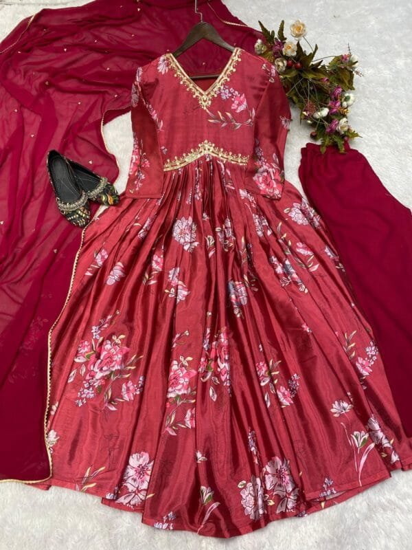 Alia Cut Chinon Suit with Sequin Embroidery & Palazzo | Red - Image 3
