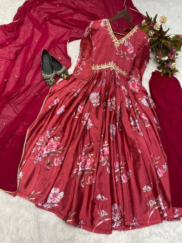 Alia Cut Chinon Suit with Sequin Embroidery & Palazzo | Red - Image 5