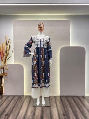 Rayon Top Printed with Cotton Thread Embroidered Work and Palazzo Pant | Blue
