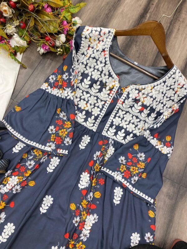 Rayon Top Printed with Cotton Thread Embroidered Work and Palazzo Pant | Blue - Image 6