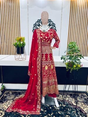 Designer Party Wear Gown with Embroidery & Sequin Work | Red